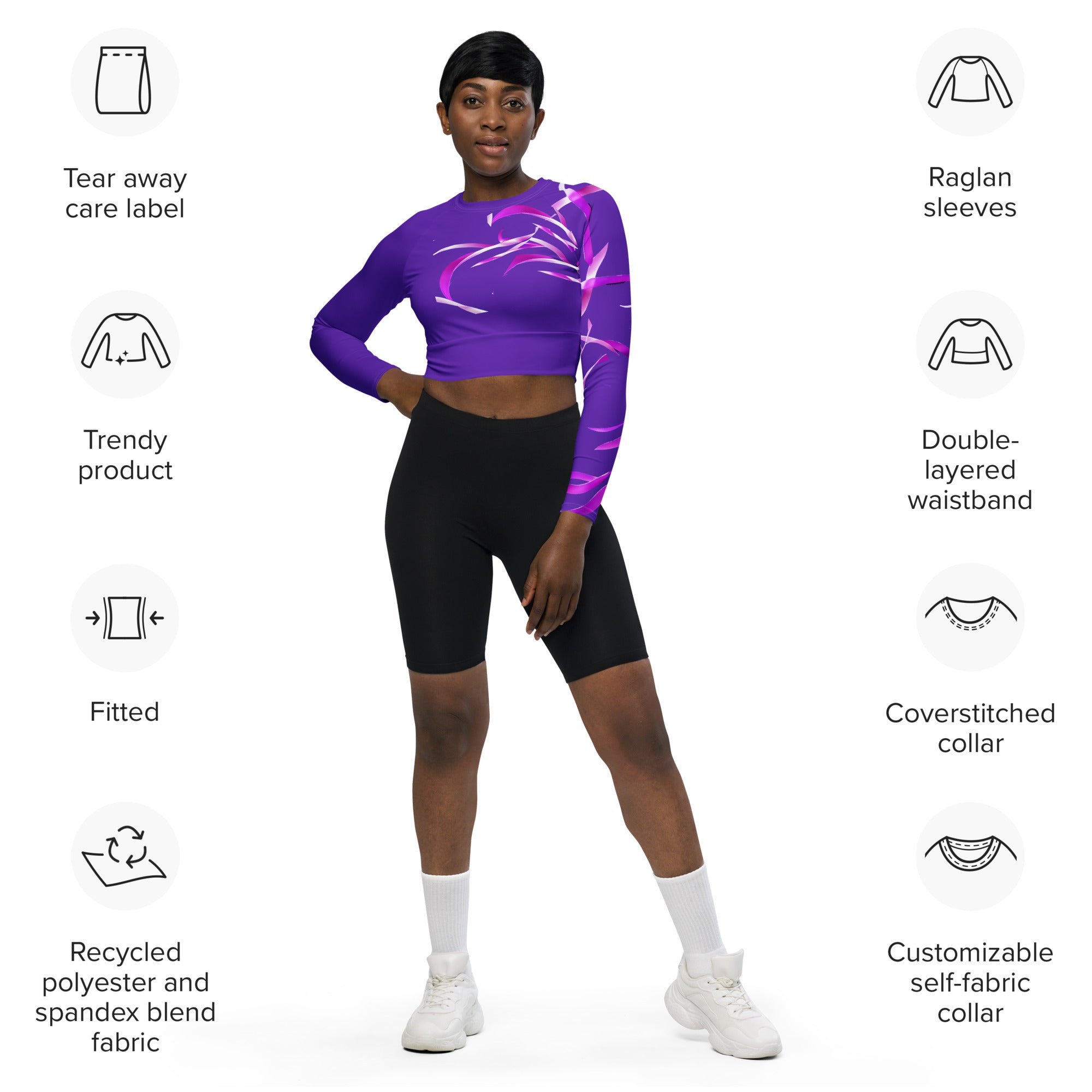 Purple & Pink crop top. Long-sleeved gym or dance top and streetwear. Women's yoga or fitness top. La Danza by WickedYo